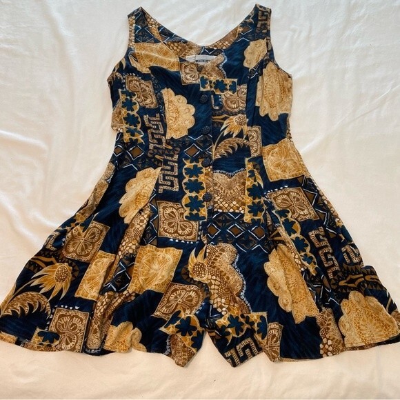 Joni Blair Romper Blue Tan Floral Abstract V Neck Button Front Tie Back Size 7 - Picture 1 of 9